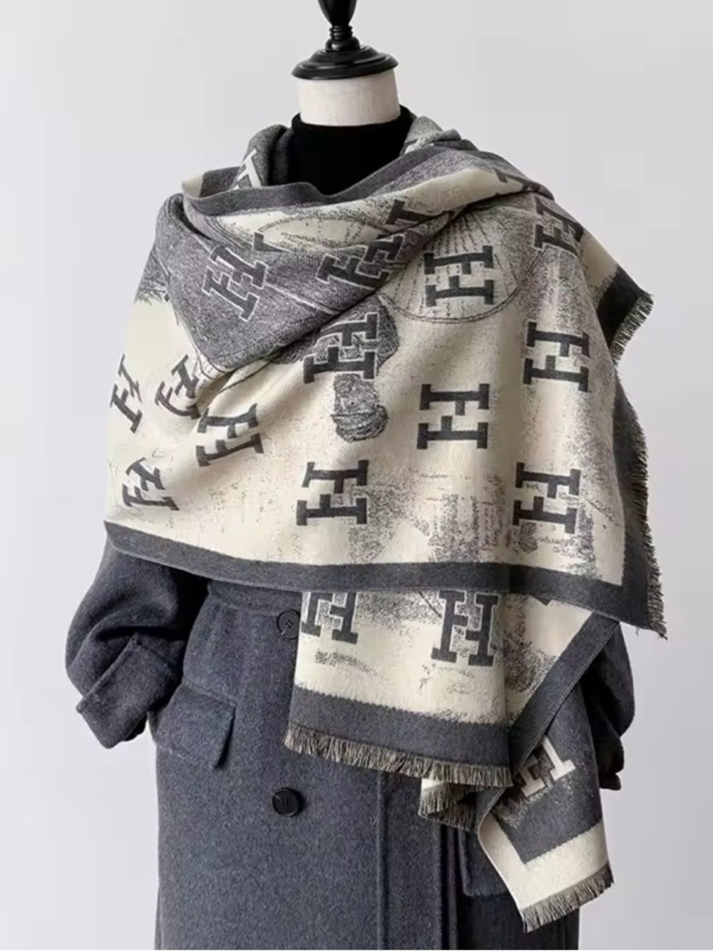 Luxury Monogram H Oversized Shawl Scarf in Gray & Cream
